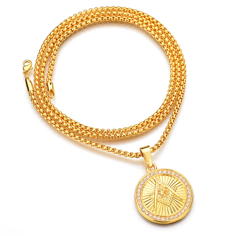 

Bling Bling AAA Zircon Round Medal Freemasons Necklace Long Gold Color Hiphop Sweater Chain Necklace Men's Hiphop Jewelry Gift