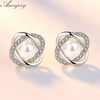 

ANENJERY Upscale Silver Color Cubic Zircon Pearl Twist Stud Earrings For Women brincos pendientes S-E290