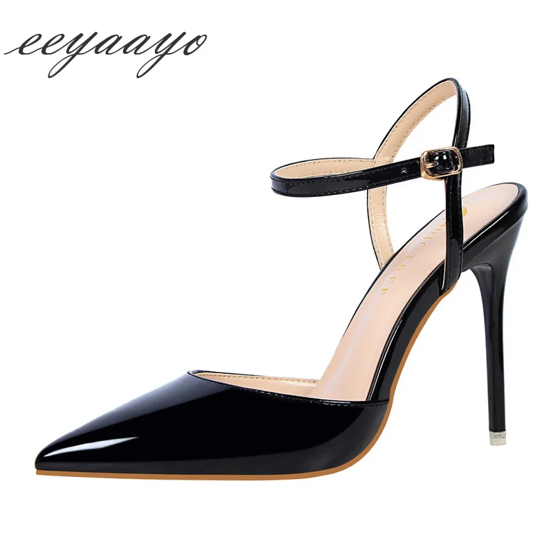 

2019 New Summer Women Ankle Strap Sandals High Thin Heel Pointed Toe Buckle Sexy Office Ladies Women Shoes Black High Heels