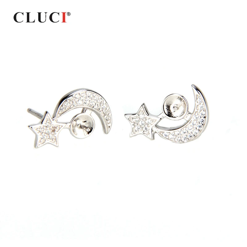 

CLUCI 925 Sterling Silver Pearl Earrings Mounting for Women Fine Jewelry Silver 925 Star And Moon Shaped Stud Earrings SE035SB