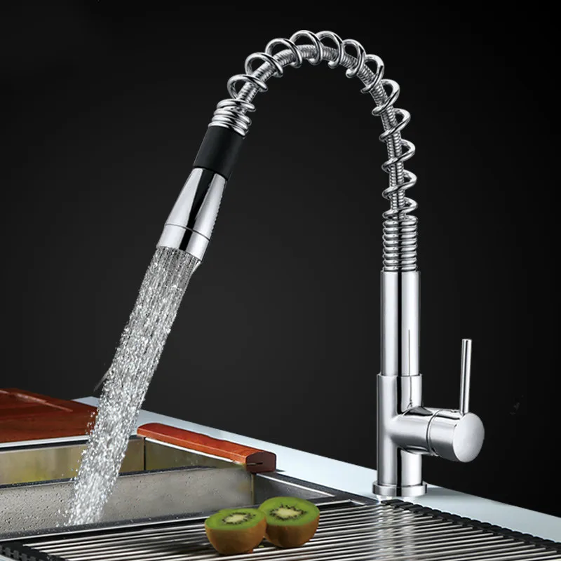 

Modern Polished Chrome Pull Out Kitchen Faucet Chrome Finish Spring Tap 360 Dergree Hot And Cold Water Mixer 3 Way Tap
