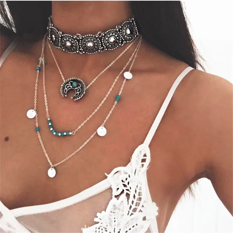 New Silver Color chain multi layer Tassel pendant necklace for women Collier femme fashion jewelry moon necklace gift