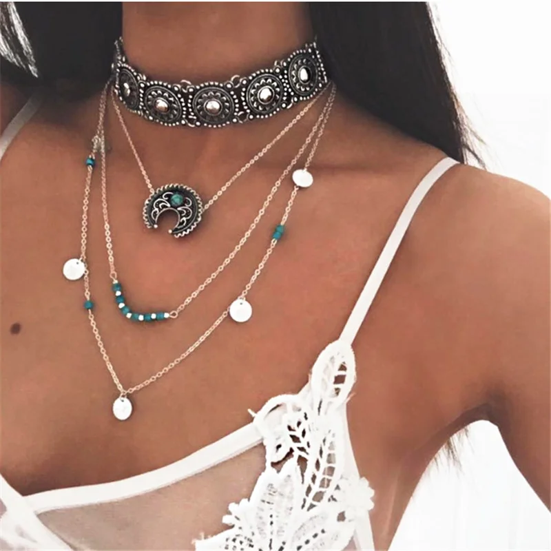

New Silver Color chain multi layer Tassel pendant necklace for women Collier femme fashion jewelry 2018 moon necklace gift