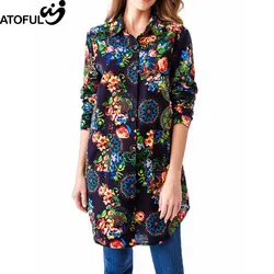 Atoful Ретро длинная рубашка Multi Цвет с цветочным принтом из хлопка и льна рубашка Женщины блузки моды случайные свободные рубашки Женщины
