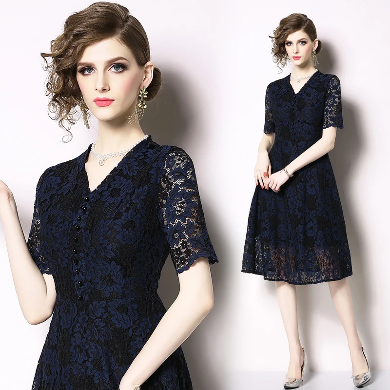 

Summer women's new temperament V-neck short-sleeved lace waist dress Slim fashion elegant party dress