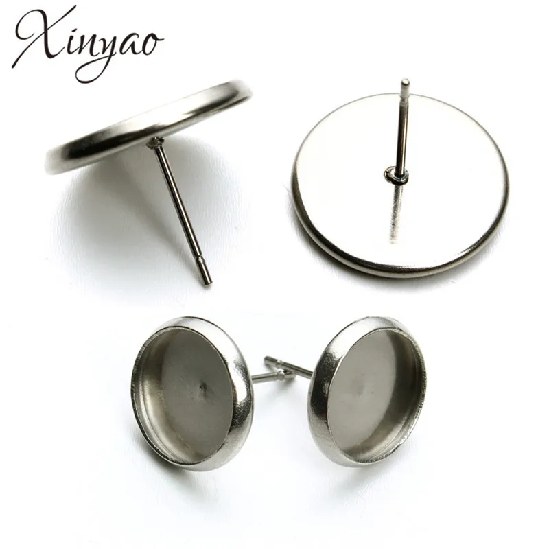 50pcs Stainless Steel Blank Earring Base Cabochon Cameo Base 8 10 12 14 16 20 mm Flat Earring Setting Diy Jewelry Making F3634