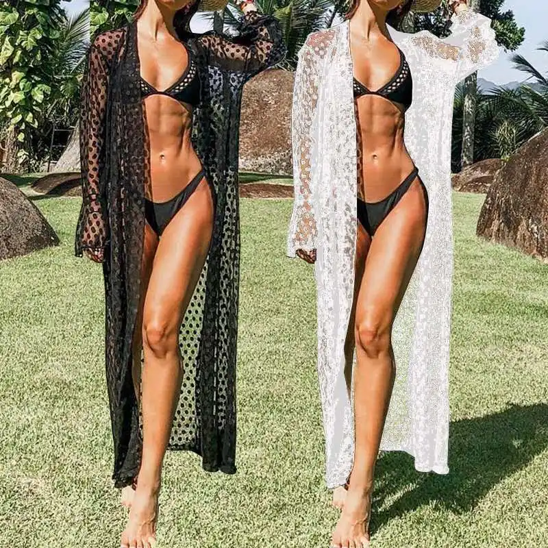 

5XL Bohemian Cardigan Kimono Women Summer Lace Pareo Shirts Ploka Dot Beach Cover Up Long Tops Blouse 2019 Sexy Blusas Femininas