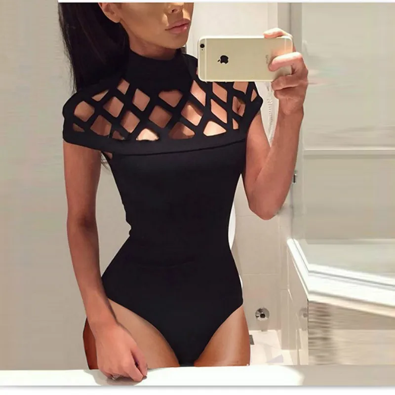

Women's 2019 spring and summer explosion models personality tight solid color hollow short-sleeved fashion sexy jumpsuit
