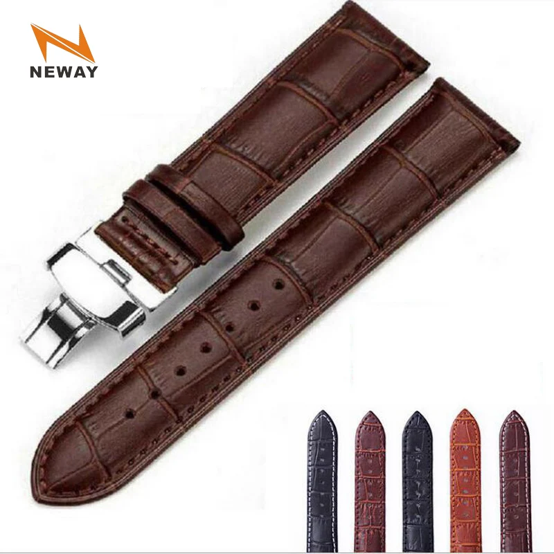 

Leather Watch Band Wrist Strap 16mm 18mm 20mm 22mm 24mm Silver Butterfly Clasp Replacement Bracelet Belt Men Women Black Brown