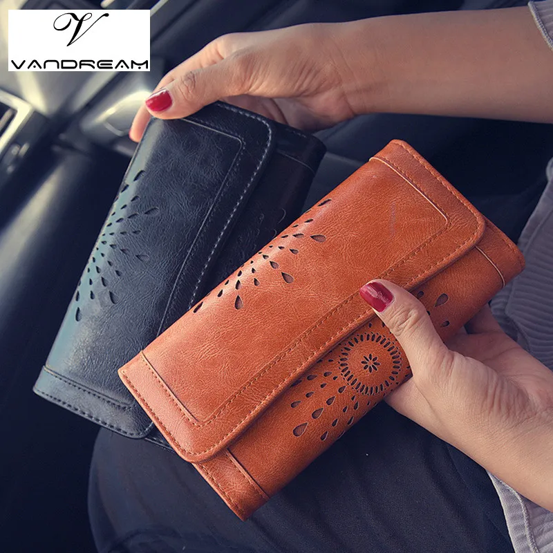 

High Quality Hollow Wallet Women Retro Long Designer Lady Hasp Clutch Bag Top Pu Leather Female Card Holder Wallets Coin Purse