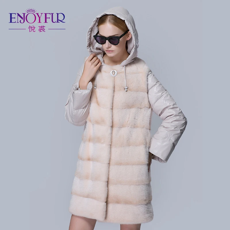 ENJOYFUR winter fur down coat fur vest real mink fur down coat with removed hat and sleeves
