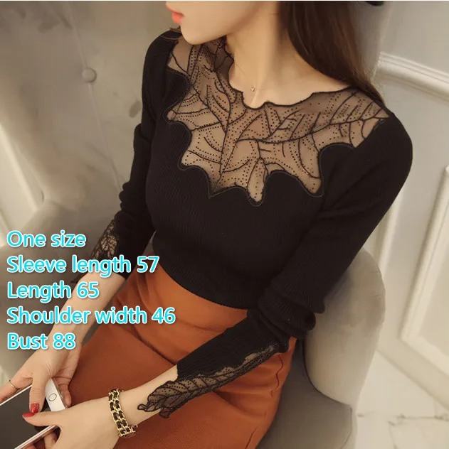 Elegant long-sleeved beaded women's lace shirt crochet shirt mesh shirt women's clothing S-5XL - Цвет: black