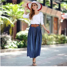 ZYFPGS летние женские юбки большие размеры Ретро Высокая талия плиссированная юбка средней длины джинсовая Расклешенная юбка с поясом Saia Femininas L0506