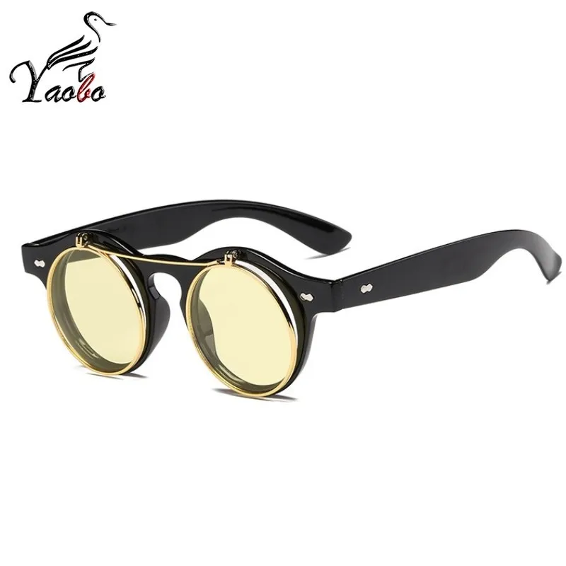 Модные Винтажные круглые солнцезащитные очки в стиле стимпанк, классические двухслойные дизайнерские солнцезащитные очки - Цвет линз: BLACK YELLOW