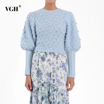 

VGH Vintage Thick Jumper Sweater Female O Neck Lantern Sleeve Short Length Pullovers For Women 2020 Fashion New Clothes Autumn