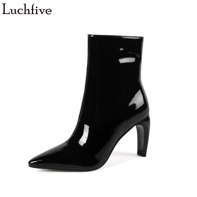 

Luchfive Patent Cow Leather High Heel Short Boots For Women Special Heel Pointed Toe Side Zipper Small Size Shoes Women Red 2019