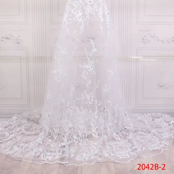 

Net White Nigerian Lace Fabric Newest African Beaded Tulle Lace Fabric With Diamond Materials French Laces Fabric AMY2042B-2