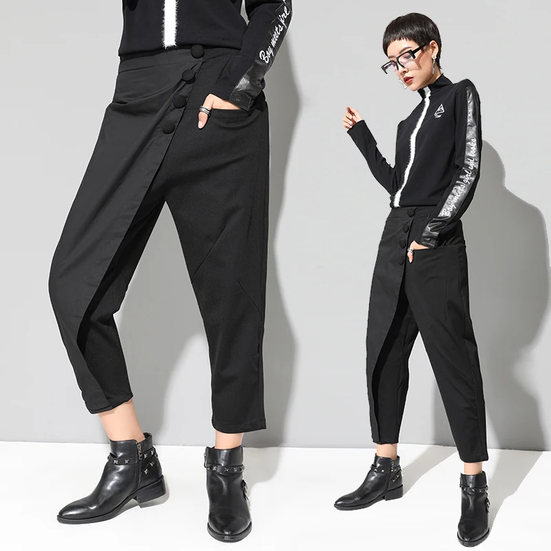 XITAO, черные длинные штаны-шаровары, женские повседневные штаны с эластичной резинкой на талии и пуговицами, Modis, женские брюки в стиле пэчворк, осень, LJT3926