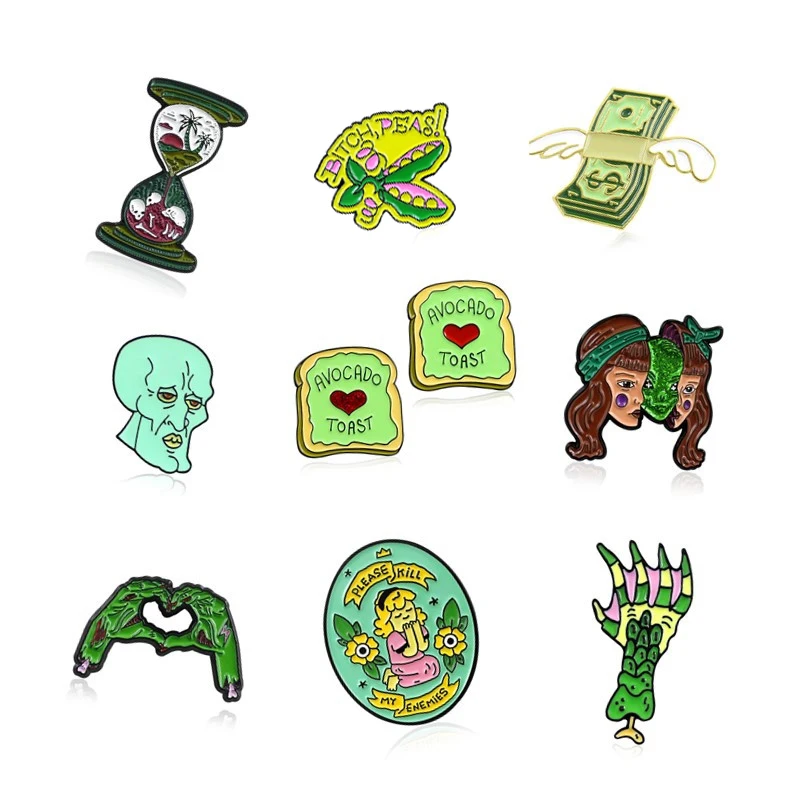 

Green devil gesture Skeleton hand Banknote angel wings Hourglass Beauty hides green aliens Handsome squid Blonde girl toast pin