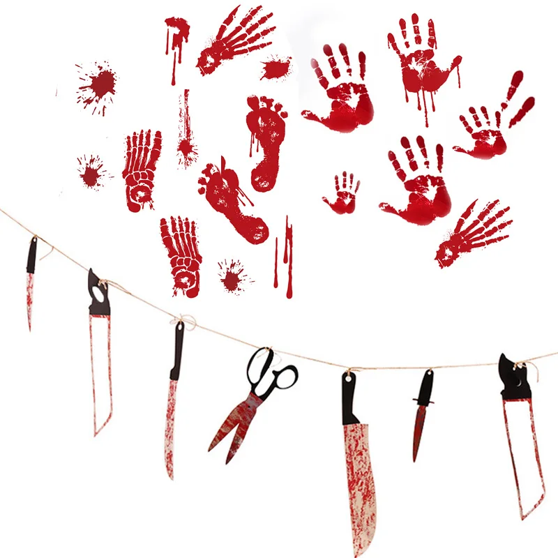 

Halloween Hanging Bloody Knife Bloody Hand Print Footprint Stickers Blood Tools Zombie Dead Party Prop Scary Haunted House Decor