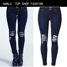 HANLU Spring And Summer Women ‘s Popular Knee Low Waist Denim Trousers Knee Pencil Pants Hole Jeans