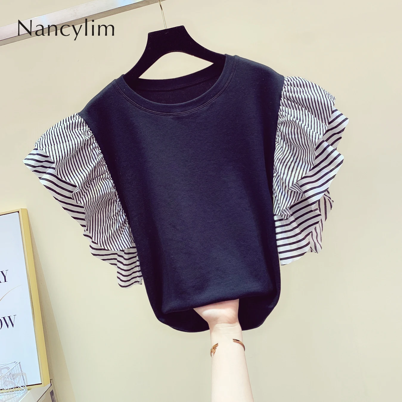 

2019 Summer Top Clothes Womans New Short Sleeve Stripes Ruffles Sleeve T-shirt Lady Fashion Shirt All-match Basic T-shirts Tees