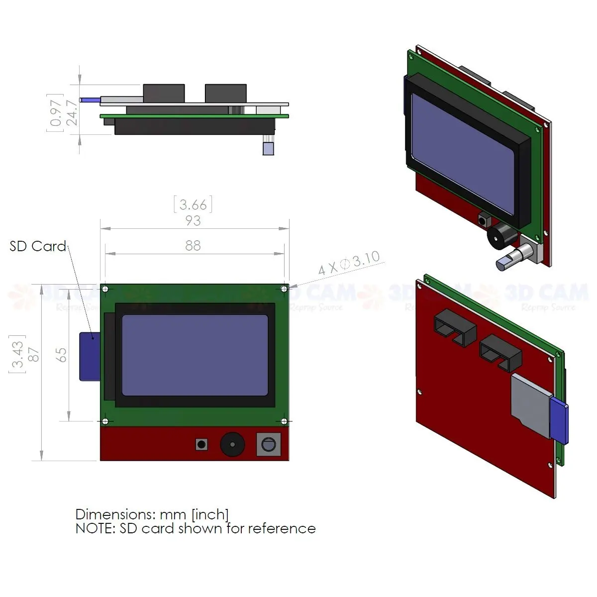 الرسم الكامل جهاز تحكم ذكي شاشة الكريستال السائل ل RAMPS 1.4 RepRap 3D طابعة الالكترونيات (12864 عرض مع قارئ البطاقات SD)