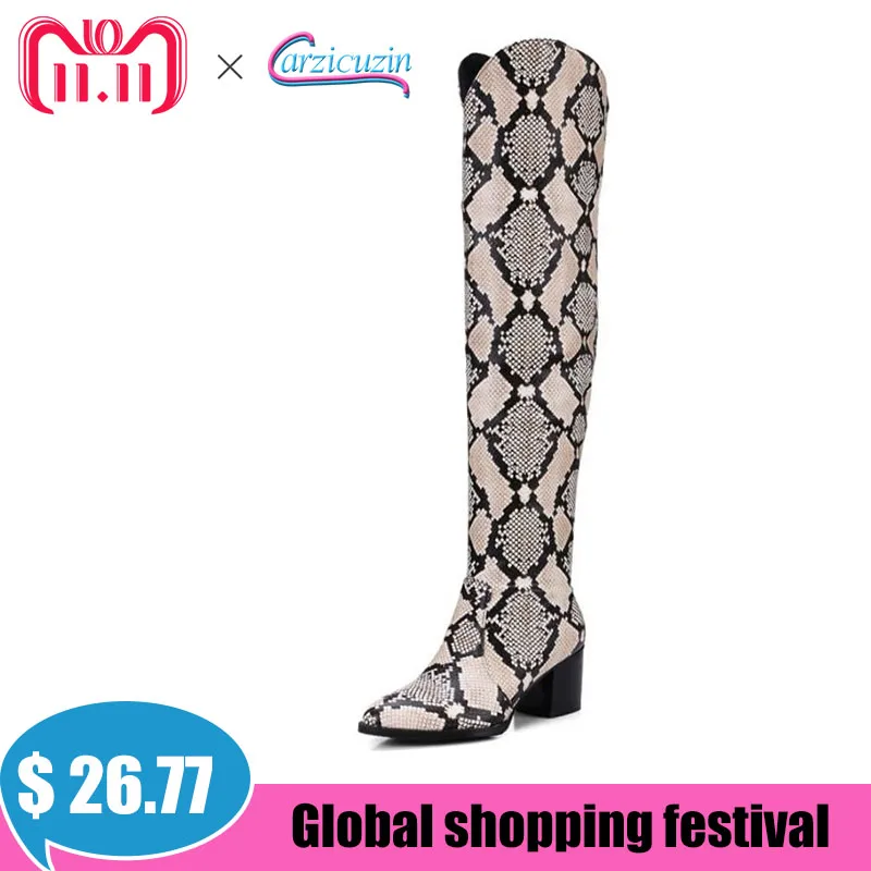 

Carzicuzin Plus Size 32-48 Women Knee Boots Warm Fur Winter Shoes Women's Fashion Office Lady Daily Thick Heels Long Boots