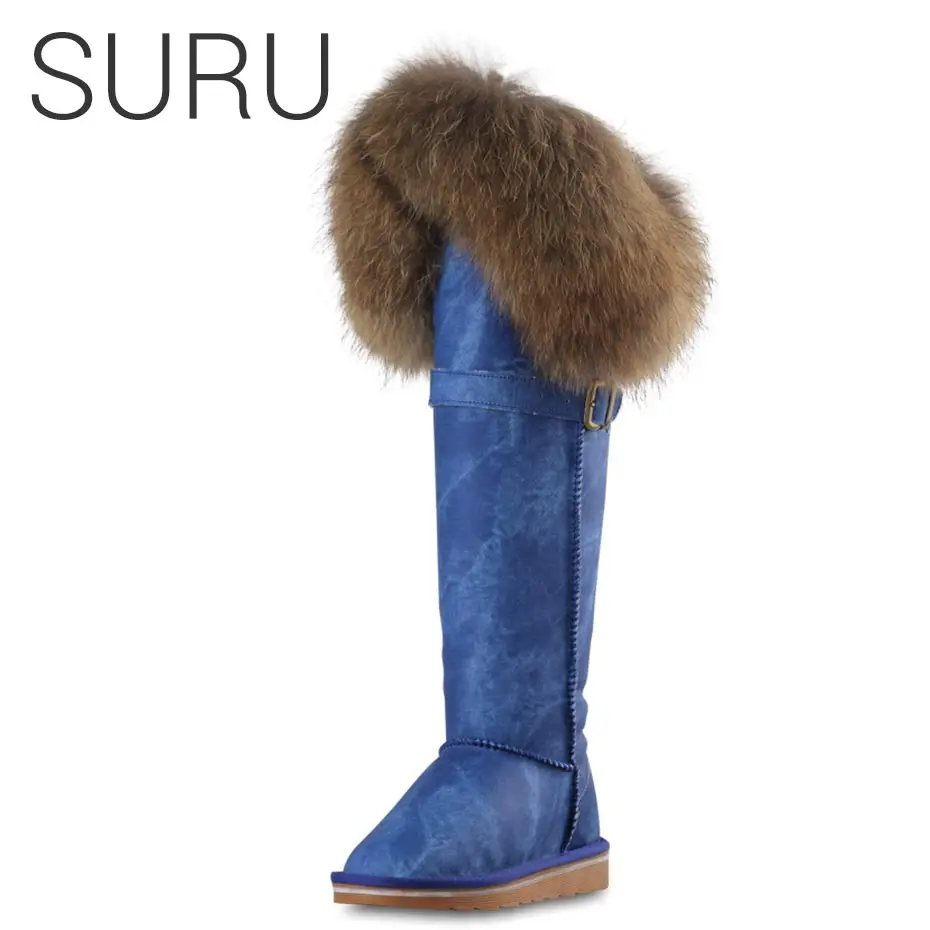 

SURU Blue Womens 2018 Luxury Winter Boots Leather With Fur High Boots Woman On Knee