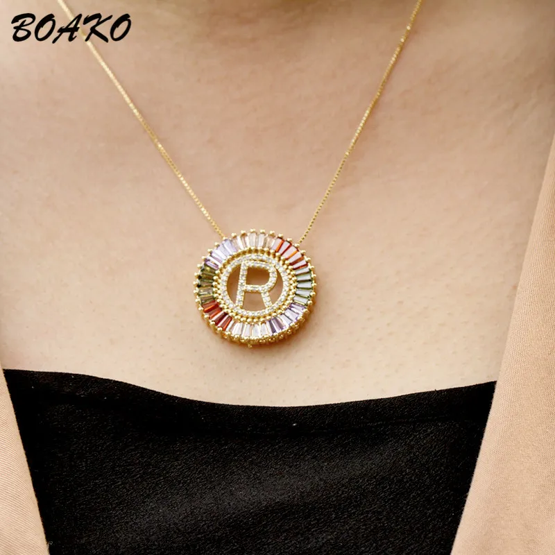

BOAKO Multicolor Cubic Zirconia Initial Necklace Gold Round Pendant Necklace 26 Letter Necklaces Collier Female Women Jewelry