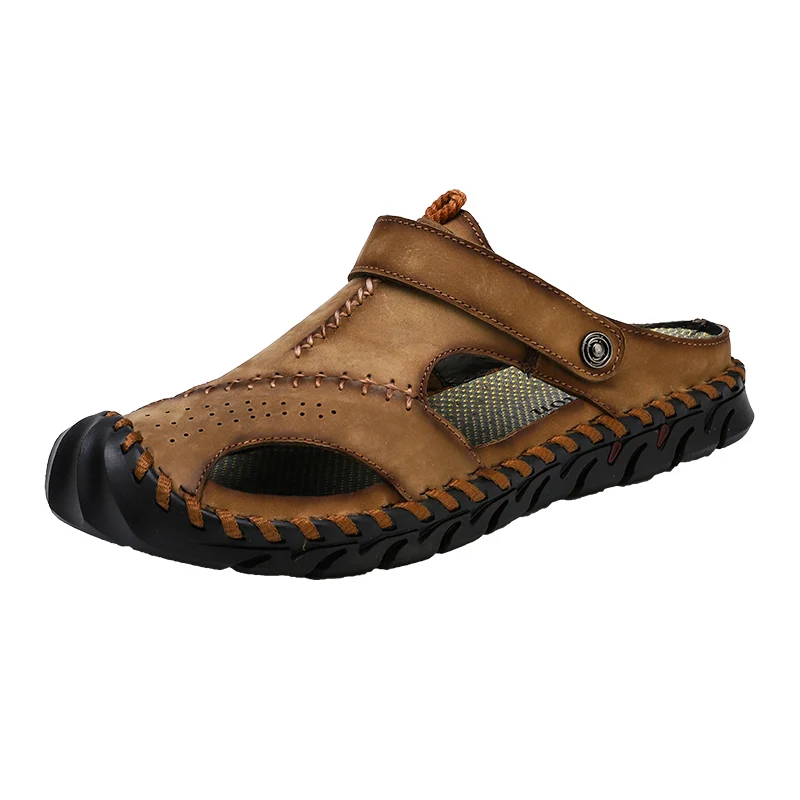 Модные мужские сандалии из натуральной кожи удобные летние дышащие тапочки с закрытым носком пляжные сандалии в римском стиле 38-46