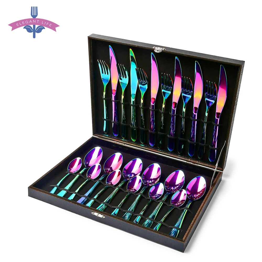  24 PCS Tableware Flatware Set Cutlery Stainless Steel Dinnerware Set Rainbow Colorful Candlelight D - 32927803258