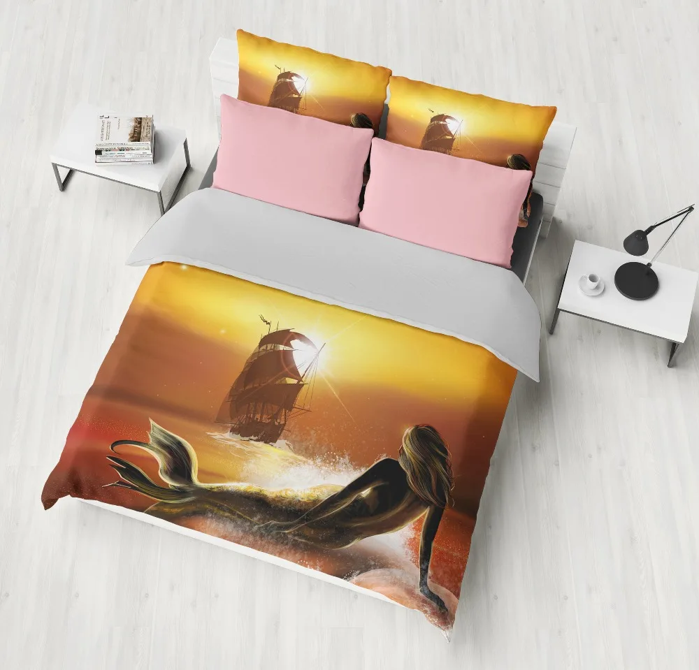 cheap Luxury 3D mermaid Princess Bedding Sets Mermaid dusk ship Duvet Cover soft Pillowcase Child Gift Bedroom Textile 3pcs King Queen