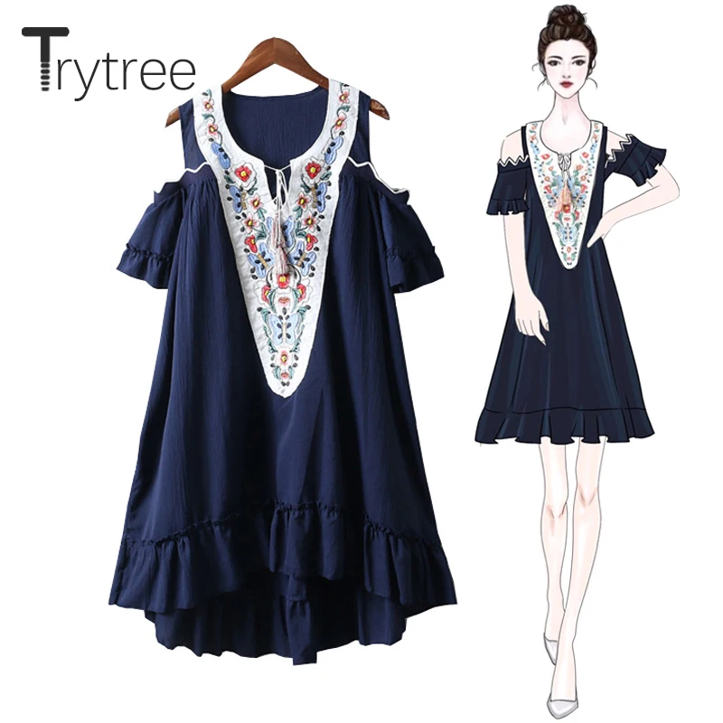

Trytree Summer Casual Dress Polyester Embroidery Floral Off the Shoulder Sleeve Women Dresses O-Neck Navy Ruffle Hem Loose Dress