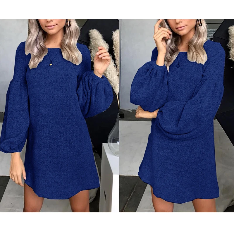 

Fashion Womens Mini Dress Knitwear Sweater Jumper Solid Color Lantern Sleeve Top