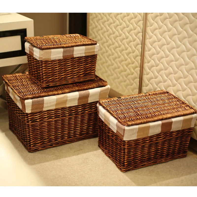 Classic Handwoven Household Storage Wicker Basket with Lid for Clothes Sundries Pastoral Home Rattan Laundry Basket with Liners