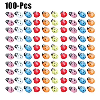 

100PCS Ladybug Figurines Miniature Wood Embellishment Self-Adhesive Mini Ladybugs Garden Bug Home Decor