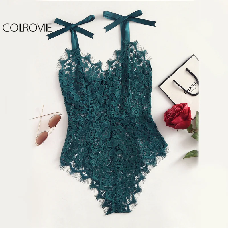 COLROVIE Ribbon Floral Lace Bodysuit Bow Tie Shoulder Women Green Cute