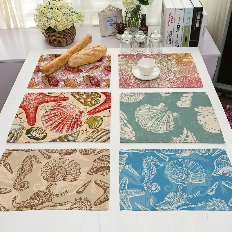 

Marine Life 4 pieces Set Kitchen Table Mats Cotton Linen Table Napkin Marine Seahorse Pattern Decorative Placemats