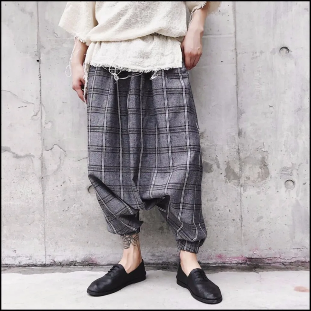 Men Autumn cotton linen plaid beam trousers tide alternative