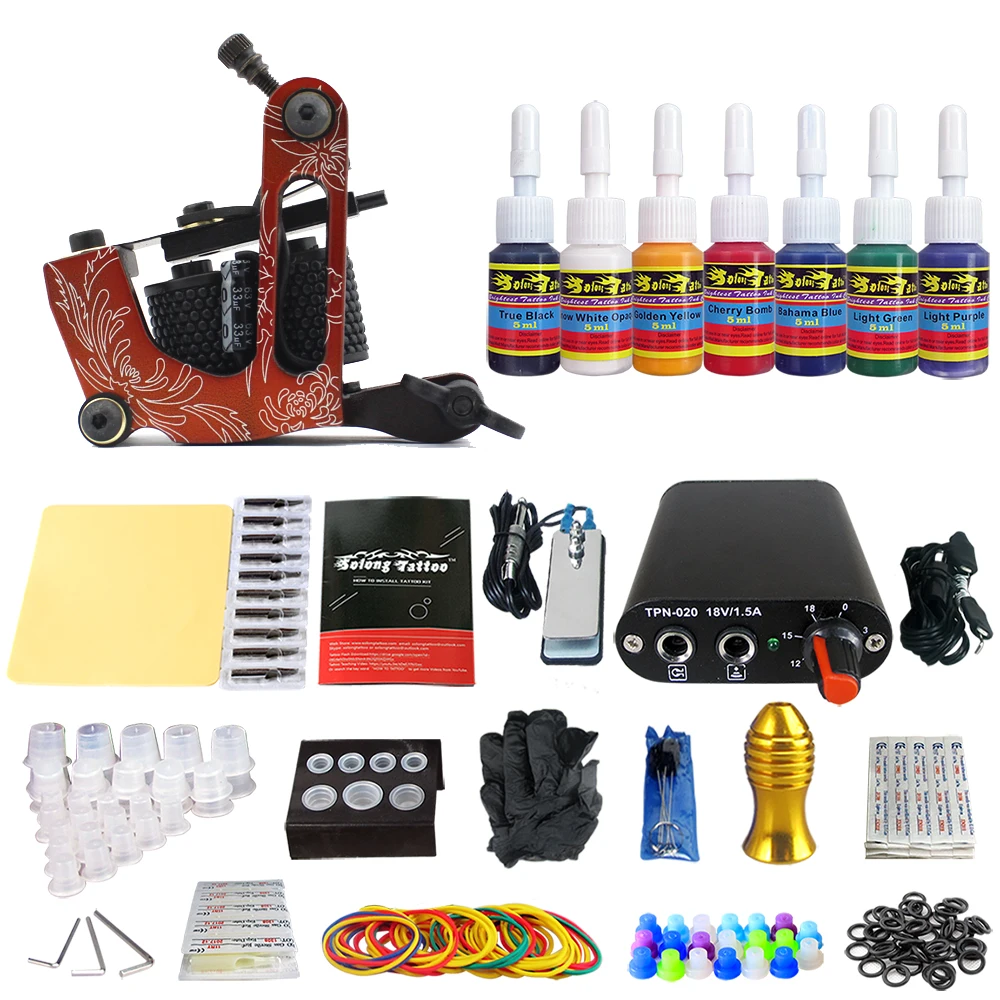 

Solong Tattoo Complete Beginner Tattoo Kit 1 machine Gun 7 Color Inks Power Supply Grips Foot Petal Needles Set TK105-30