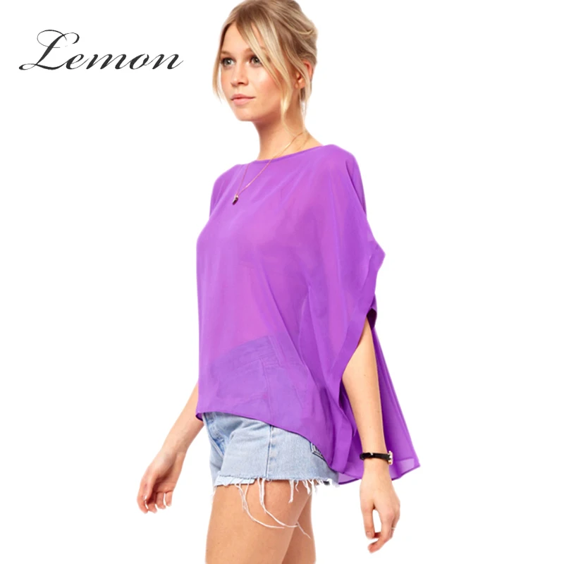 Lemon Fashion Solid Color Women Blouses Crew Neck Batwing Sleeve Sheer Chiffon Tops Street High ...