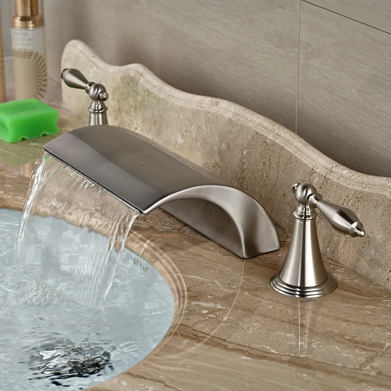Brushed Nickel Bathroom Waterfall Deck Mounted Widespread Face Basin Mixer Faucet