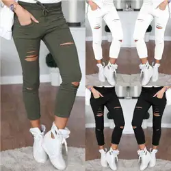 Новый для женщин Узкие рваные колено отверстие джинсовый бандаж одноцветное Ciolor модные брюки для девочек Высокая талия стрейч тонкий