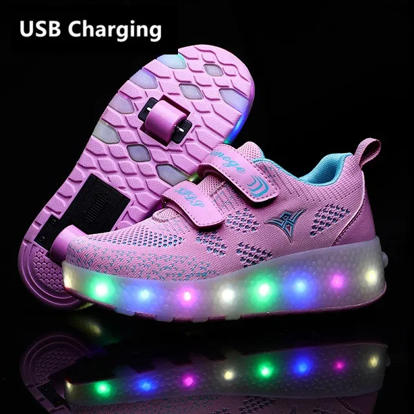 Eur28-43 два кроссовки с колесиками usb зарядка светящийся светодиодный осветительный прибор вверх Heelies колеса для роликовых коньков обувь для мальчиков и тапочки для девочек - Цвет: 159 Pink