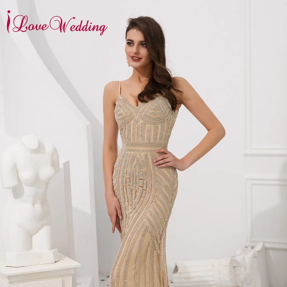 ILoveWedding Vestido de festa 2019 великолепные V образным вырезом Спагетти бретели для нижнего белья серый блестками Русалка Длинные вечерние платья