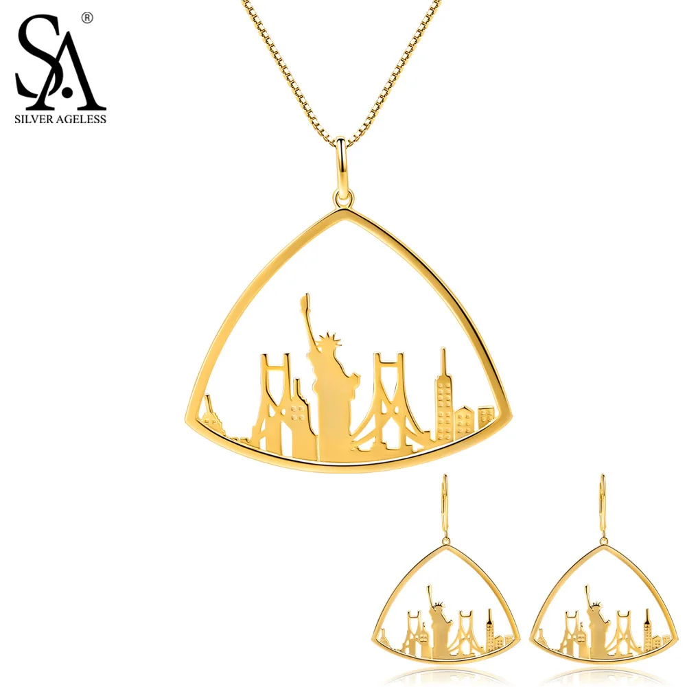 SILVER AGELESS 925 Sterling Silver Triangle Gold Color Plated Drop Earrings Pendant Necklace Jewelry Sets Woman 925 Silver Set цена SILVER AGELESS 925 Sterling Silver Triangle Gold Color Plated Drop Earrings Pendant Necklace Jewelry Sets Woman 925 Silver Set цены онлайн