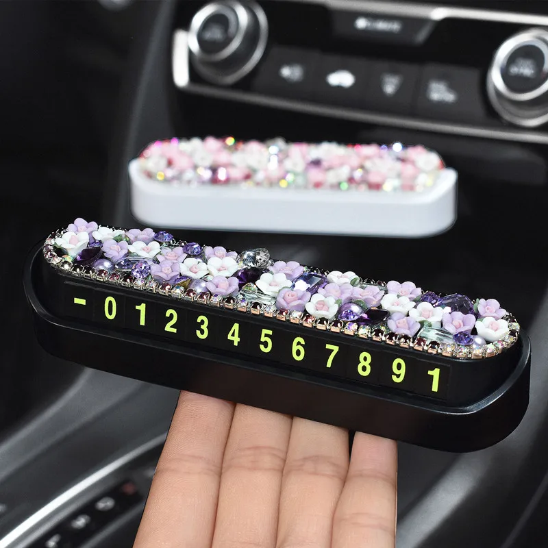 

Romantic flowers Crystal Car Styling Temporary Parking Card Diamond can Press down Phone Number Card Plate Car accessories