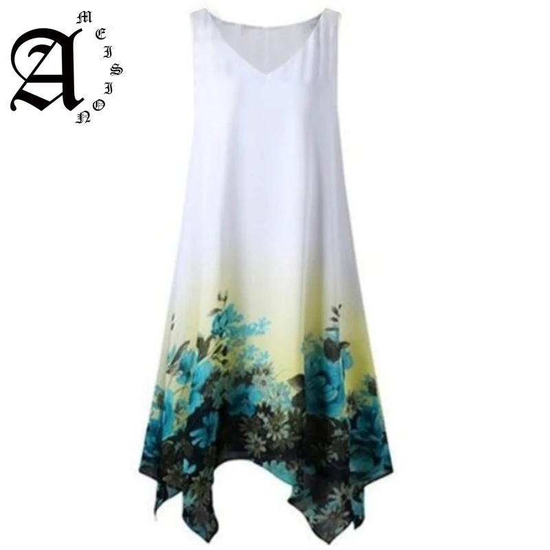 

Ameision Women Summer Dress Sleeveless Vintage Floral Print Sleeveless Irregular Hem Dress Female Dresses Plus Size S-5XL