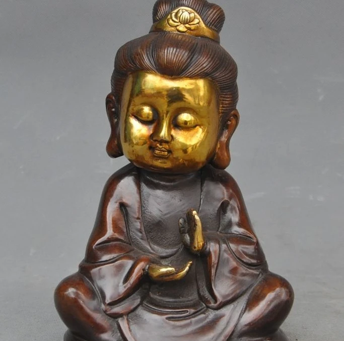 

8" Old Chinese Buddhism Joss bronze Copper Gilt Kwan-yin Guanyin Goddess Statue